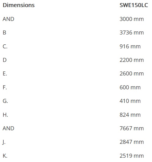 Sunward SWE150LC excavator dimensions